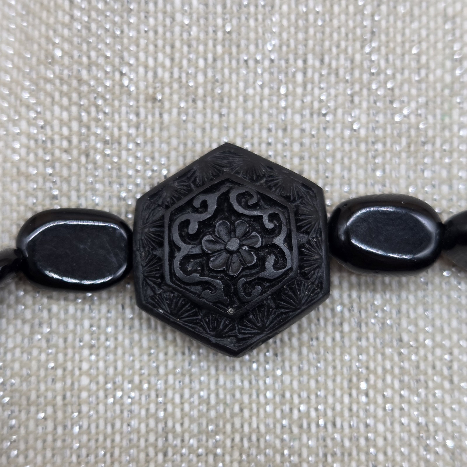 Black Carved Bead Stretch Elastic Beaded Bracelet