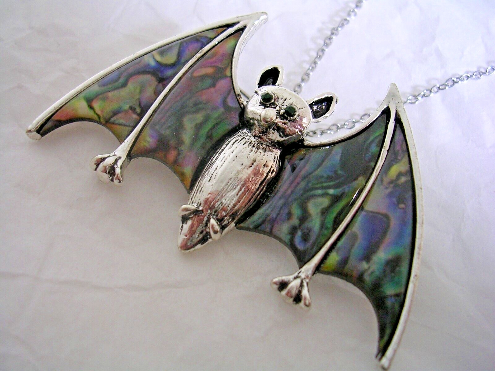 BAT PIN AND PENDANT WITH ABALONE SET IN TIBETAN SILVER COMES WITH A CHAIN