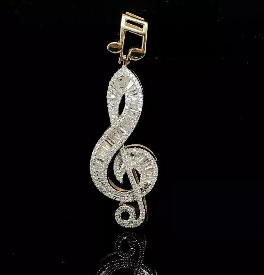 Baguette Simulated Diamond 2Ct Music Note Pendant Necklace 14KYellow Gold Plated