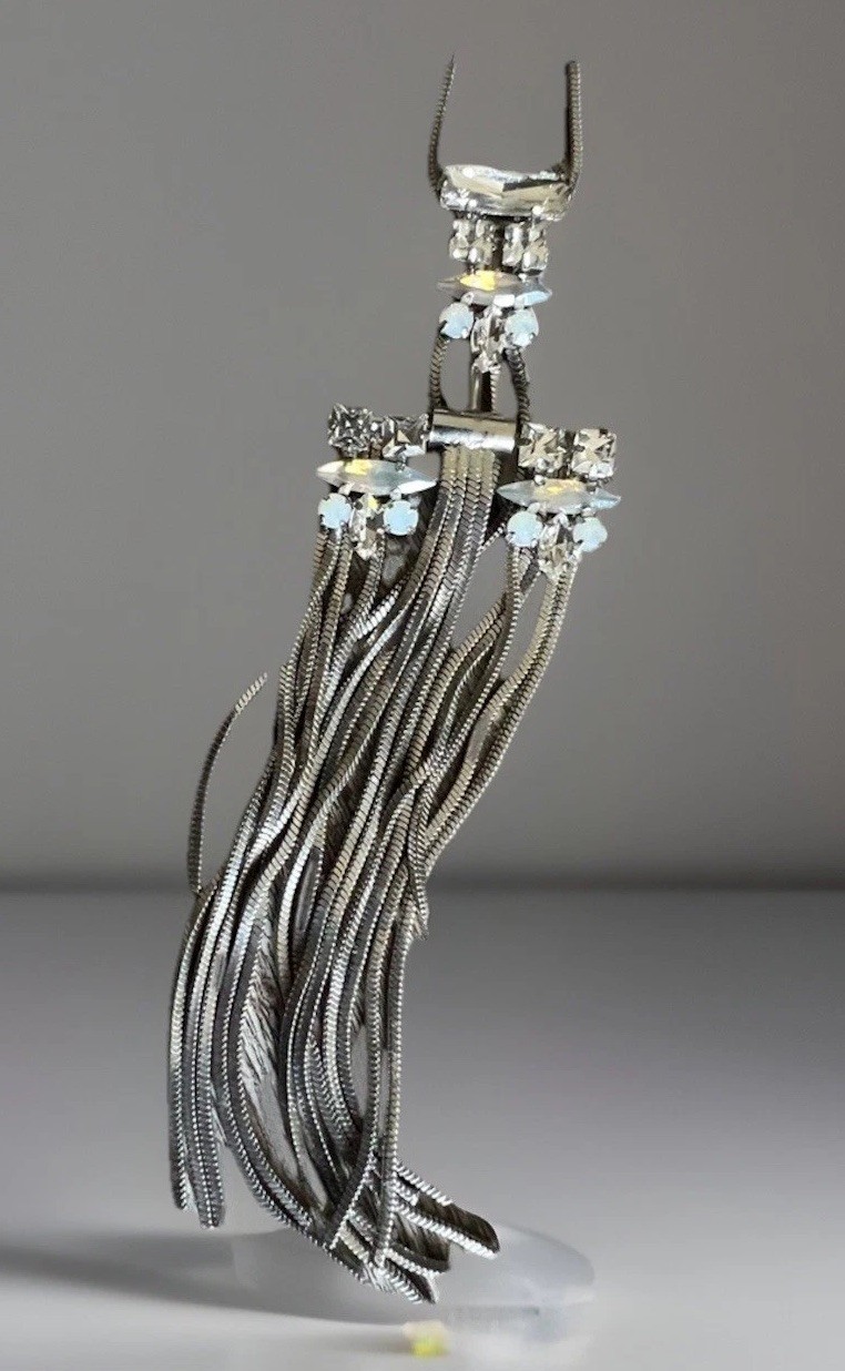 Necklace Express Statement Piece Crystal Accents Silver Geometric Women Long 14”