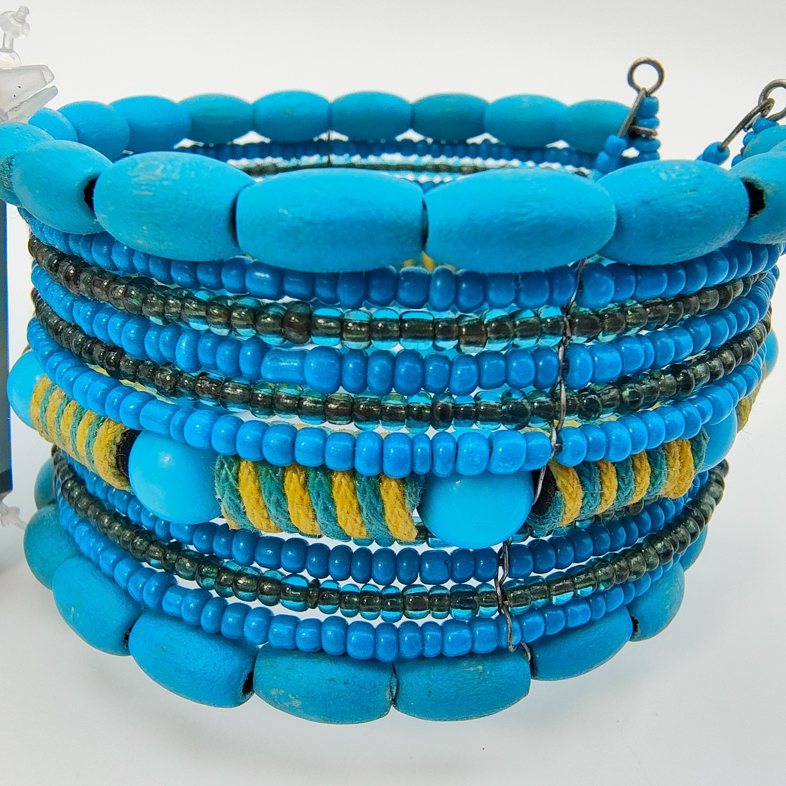 Boho Wood Bead Wire Cuff Bracelet Turquoise Color Southwestern Boho Style