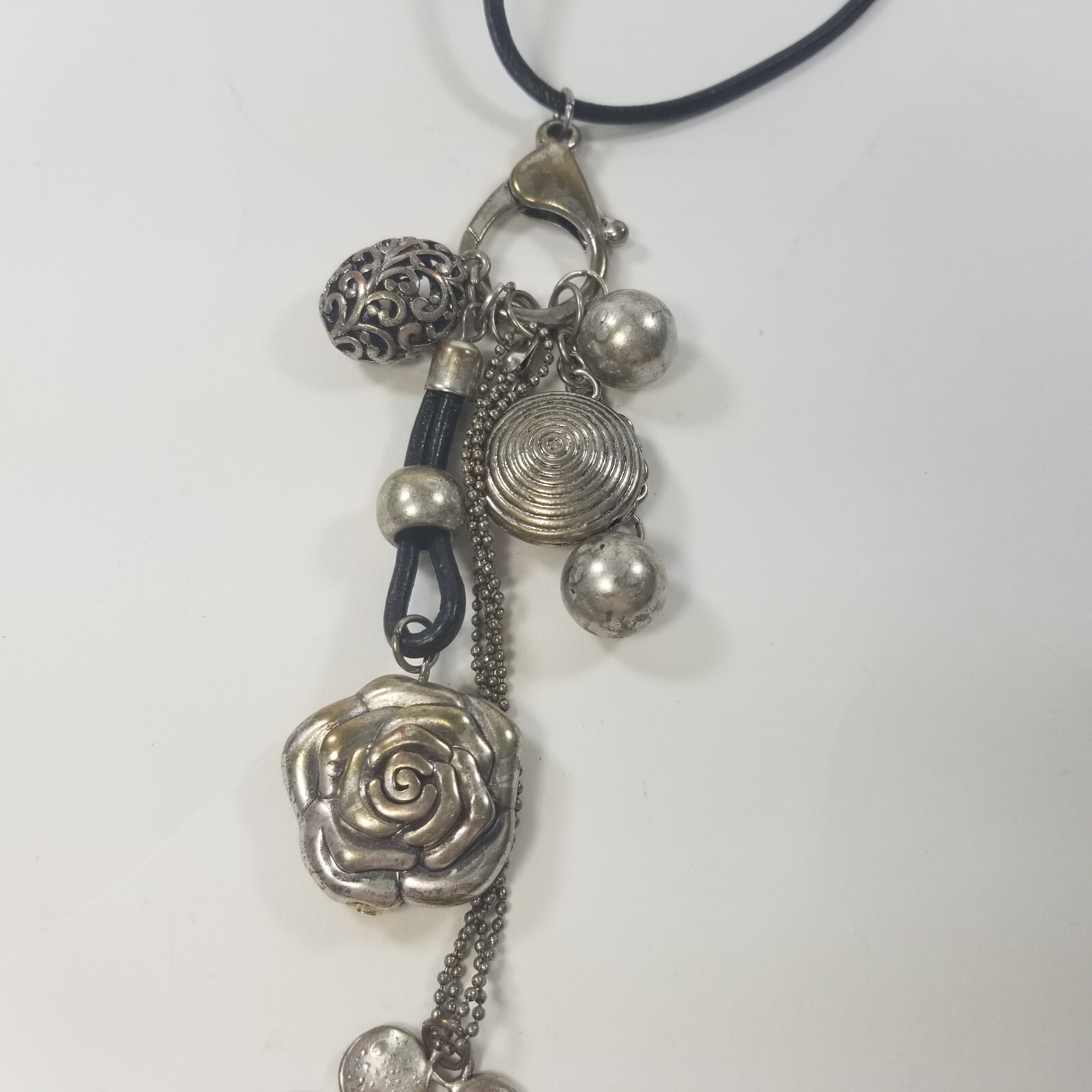 Flower Dangle Ornate Pendant Charms Necklace Silver Tone Black Cord 32-34″