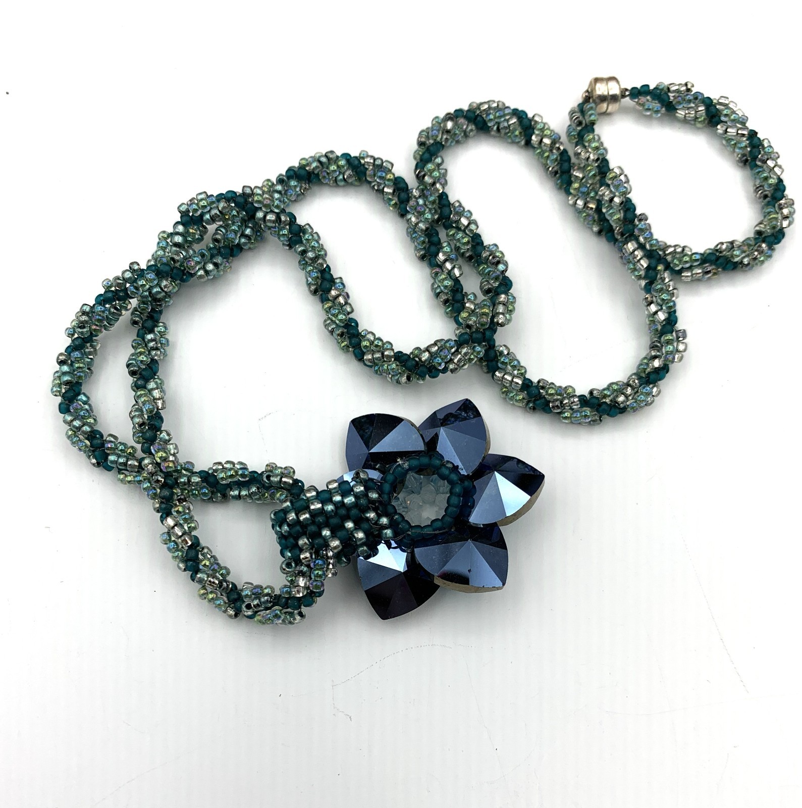 Swarovski Crystal Blue Flower & Peyote Stitch Cord, 10Kt Clasp Removable Pendant