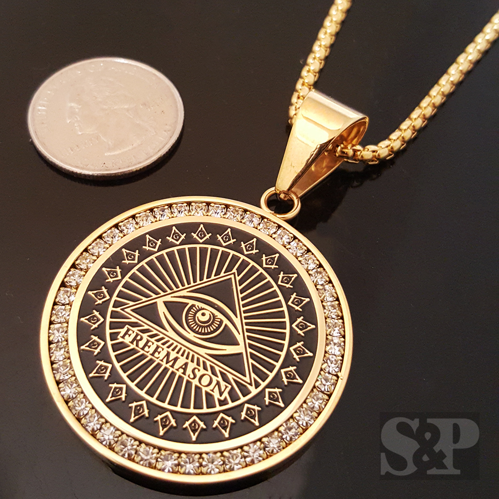 Gold Stainless Steel FREE MASON Pyramid CZ Pendant 24″ Round Box Chain Necklace