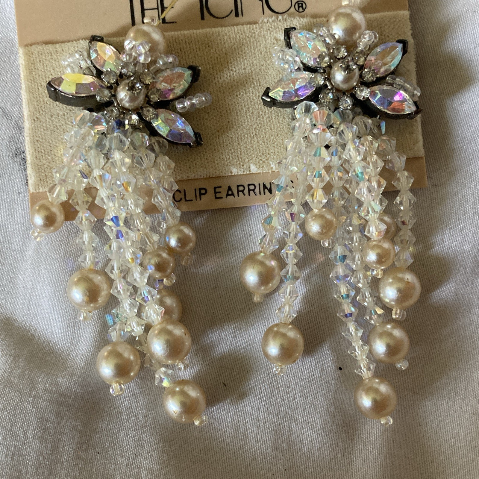 The Icing Crystal Rhinestone Faux Pearl Flower Cluster Clip-On Dangle Earrings