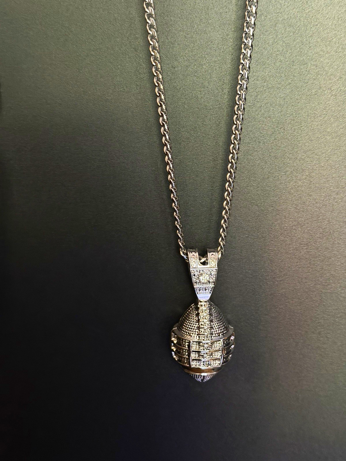 Silver Tone Cuban Link Chain Necklace Football Charm Pendant Clear Crystals