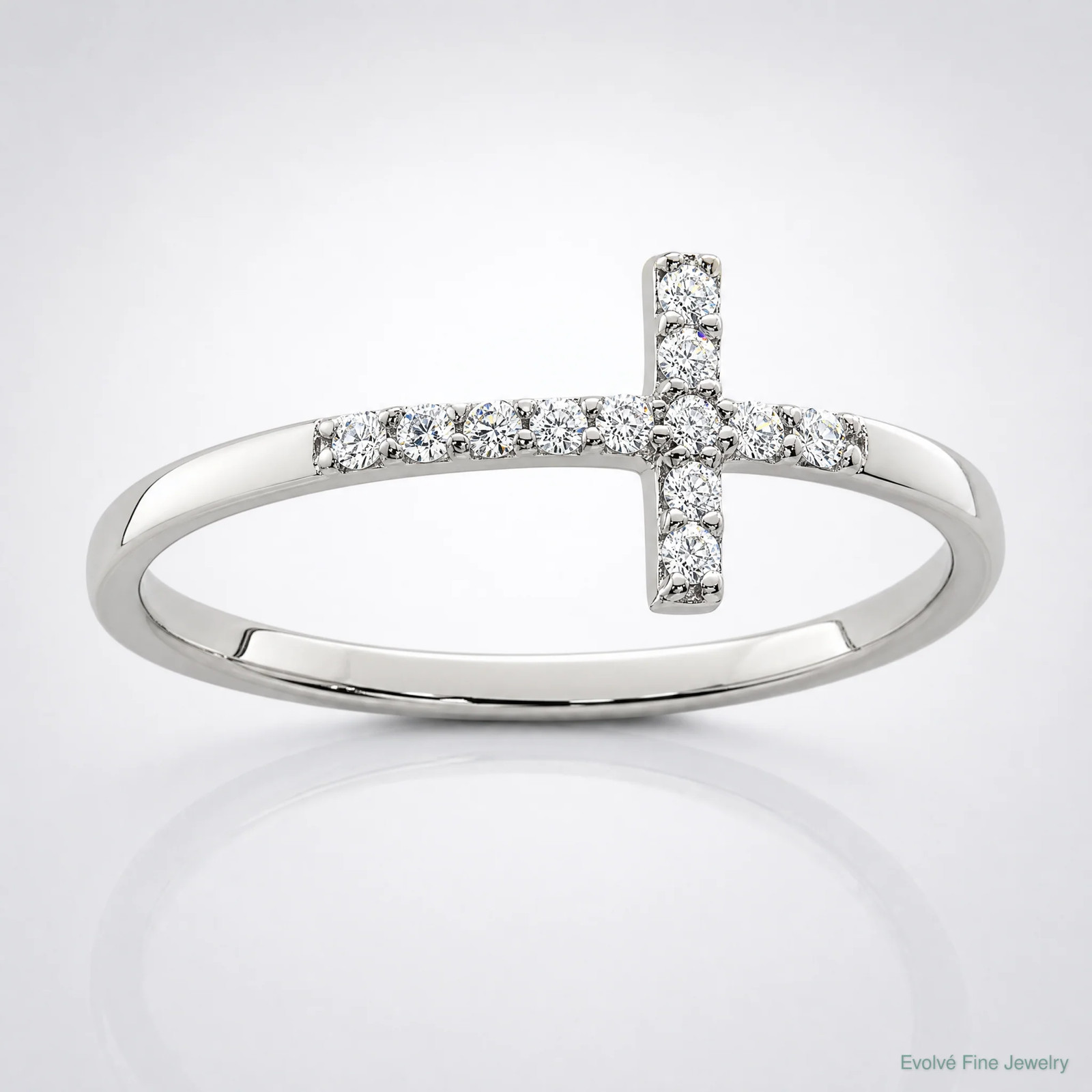 Sterling Silver Rhodium-Plated CZ Sideways Cross Ring