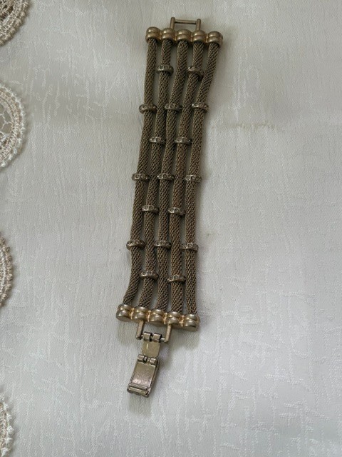 Lia Sophia 5‑Row Mesh Bracelet • Crystal Rondelles • Champagne Mixed Metal 6.5″