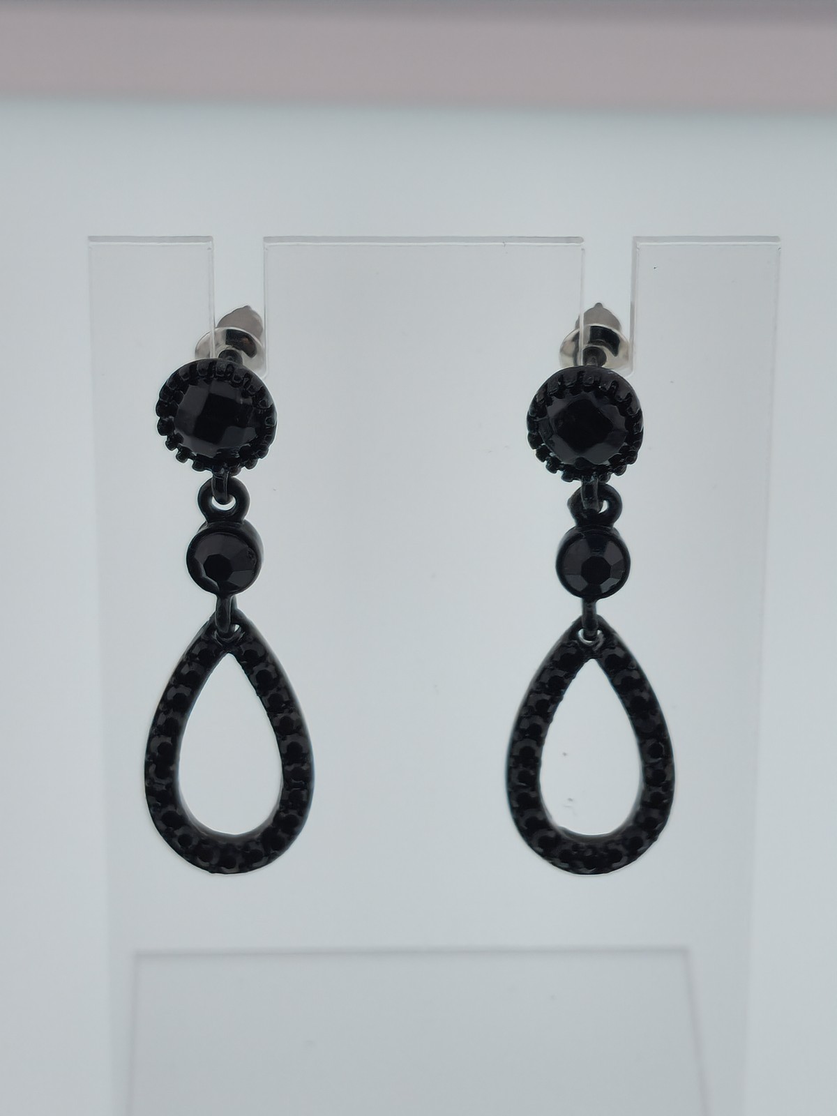 Dangle Drop Black Stone Post Back Earrings