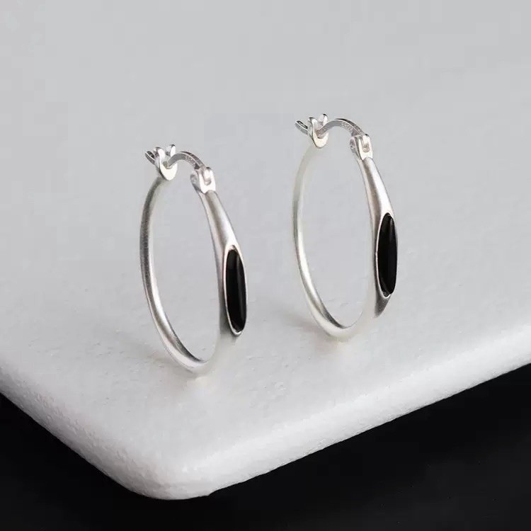 925 Silver Vintage Black Onyx Oval Hoop Earrings Minimalist Hoops for women 478