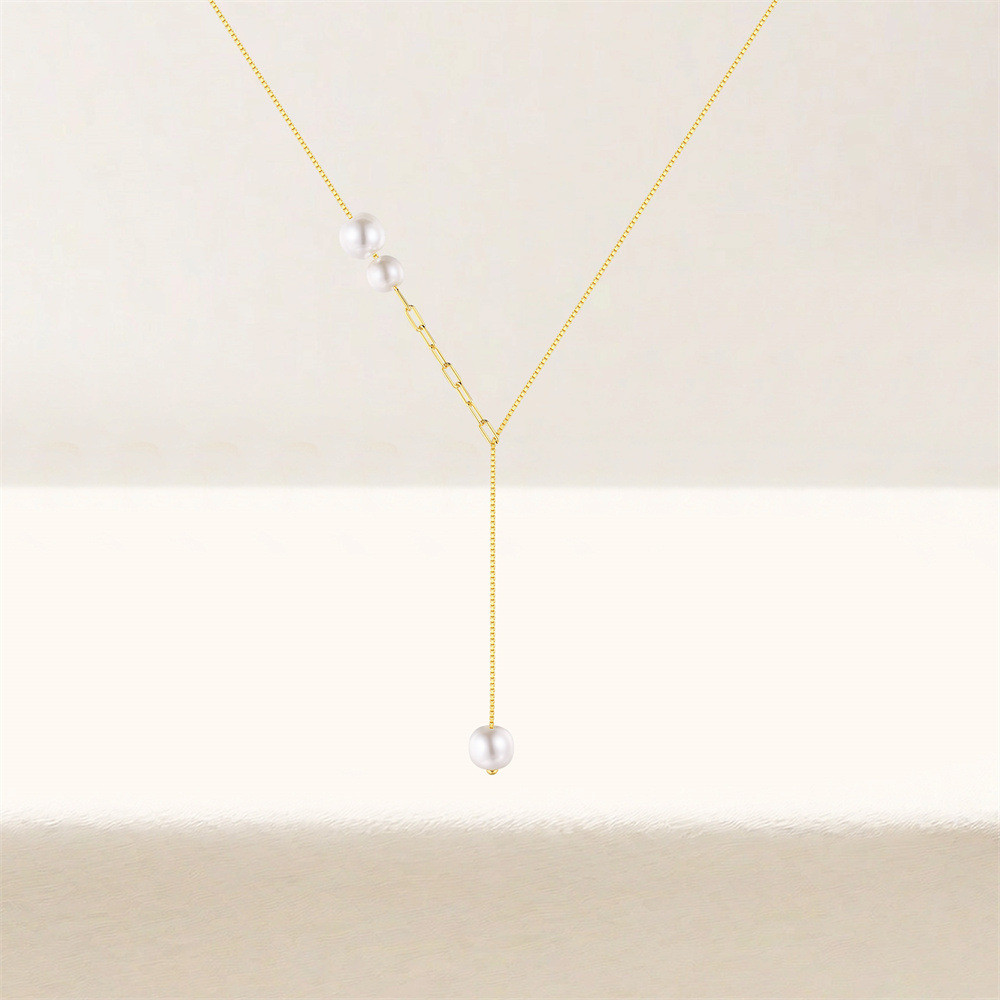 Gold Plated 925 Sterling Silver Faux Pearl Y Lariat Necklace for Women