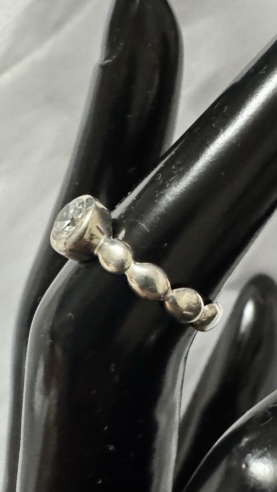 Sterling Silver Bezel-Set• Clear Round CZ Stone Beaded Band • Ring Size 5.75