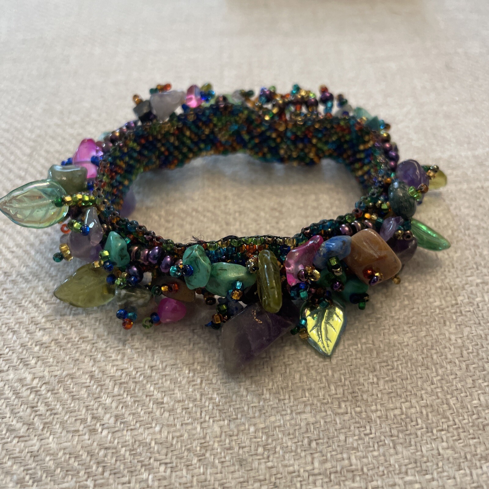 Vintage Czech Glass “OVERLOAD” Beaded Bracelet Multicolor Stone, Leaf Seed Bead