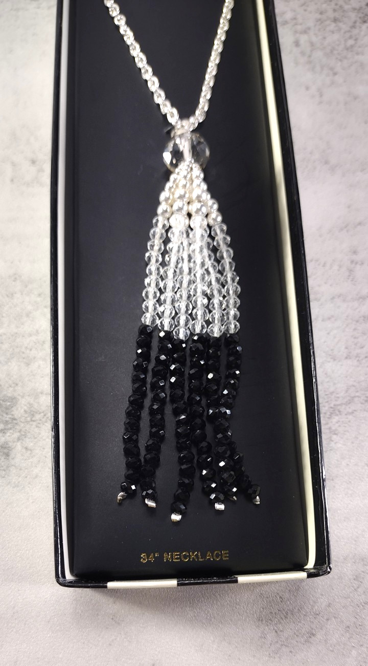 Vintage Y Beaded Necklace Pendant Tassle Faceted Black Clear Silver Tone 34″