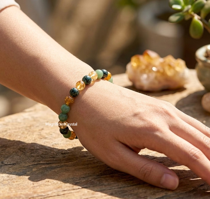 Triple Prosperity Crystal Bracelet Green Aventurine Citrine Turquoise Wealth