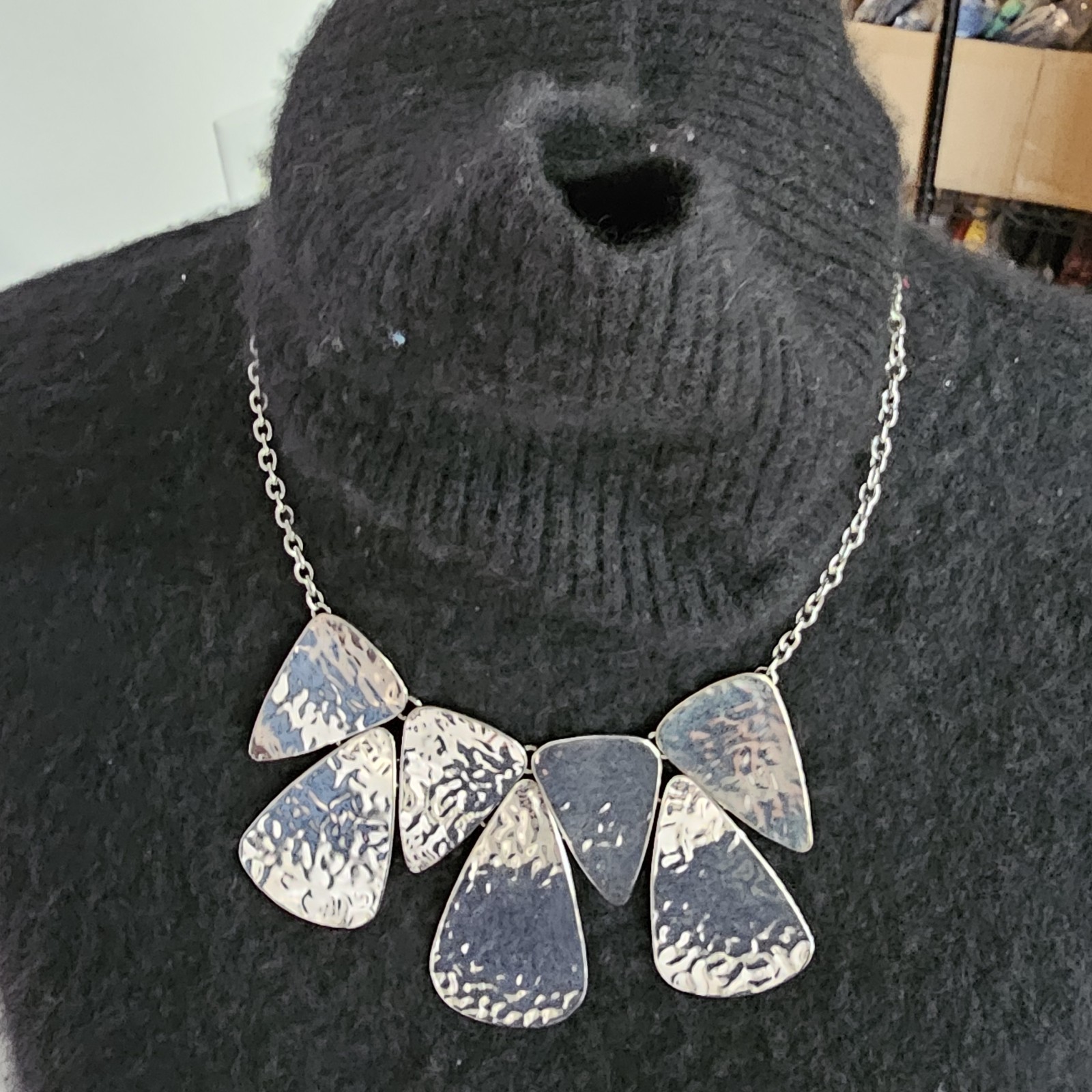 Silver Tone Hammered Metal Statement Bib Necklace Modern Geometric