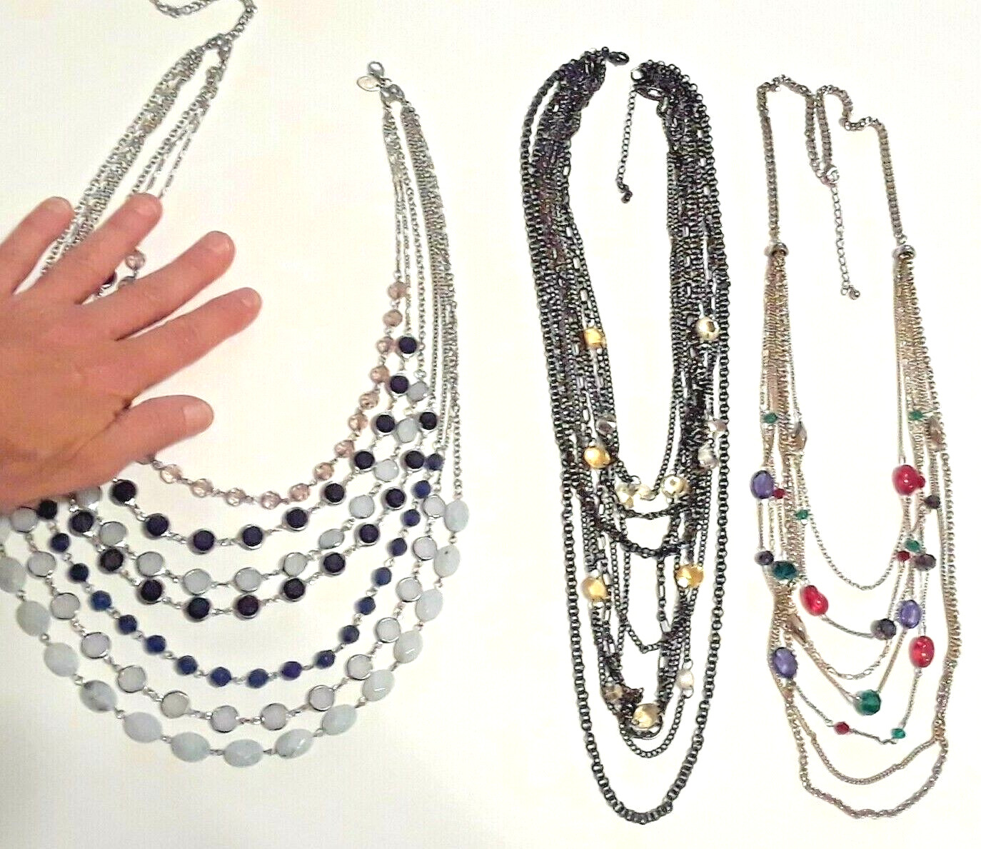 Multi strand cluster necklaces. blue cabochon, beads, 20″ – 32″ long. 2 lobster