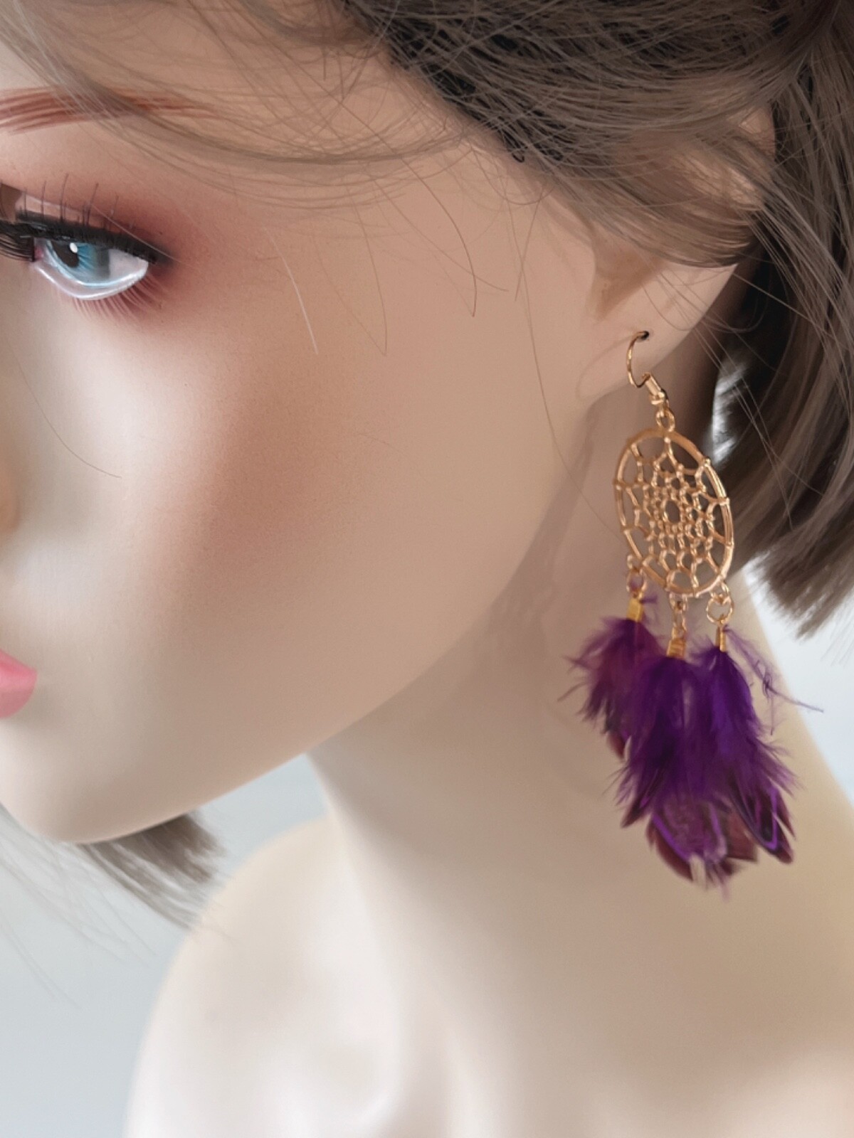 NEW Women Boho Ethnic Dark Purple Feather Dream Catcher Net Dangle Drop Earrings