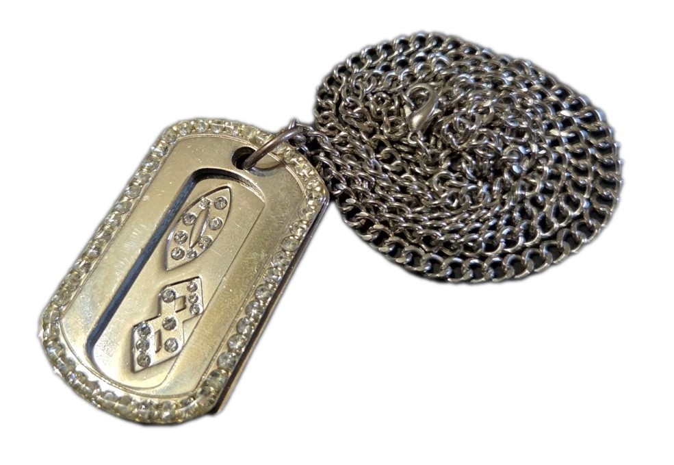 Double Dog Tag Necklace Silver Tone Clear Rhinestones 08 Bling 34.5″