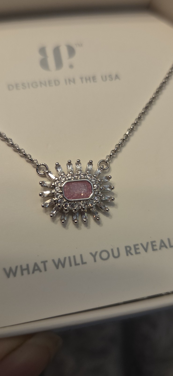 Bomb Party Sunburst Pendant Necklace Lab Pink Crystal Rhodium Plated 18″ RBP6684