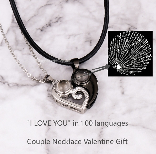 2PCs Magnetic Heart Couple Necklaces Projection I Love You in 100 Languages Gift