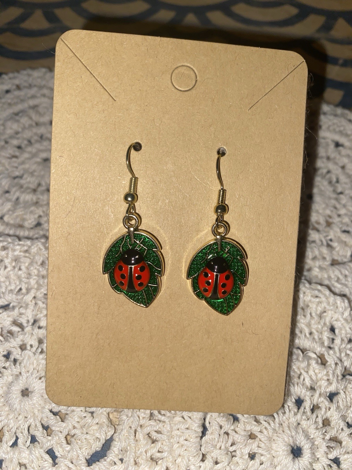 Red Ladybug Leaf Dangle Hook Earrings Green Black Enamel