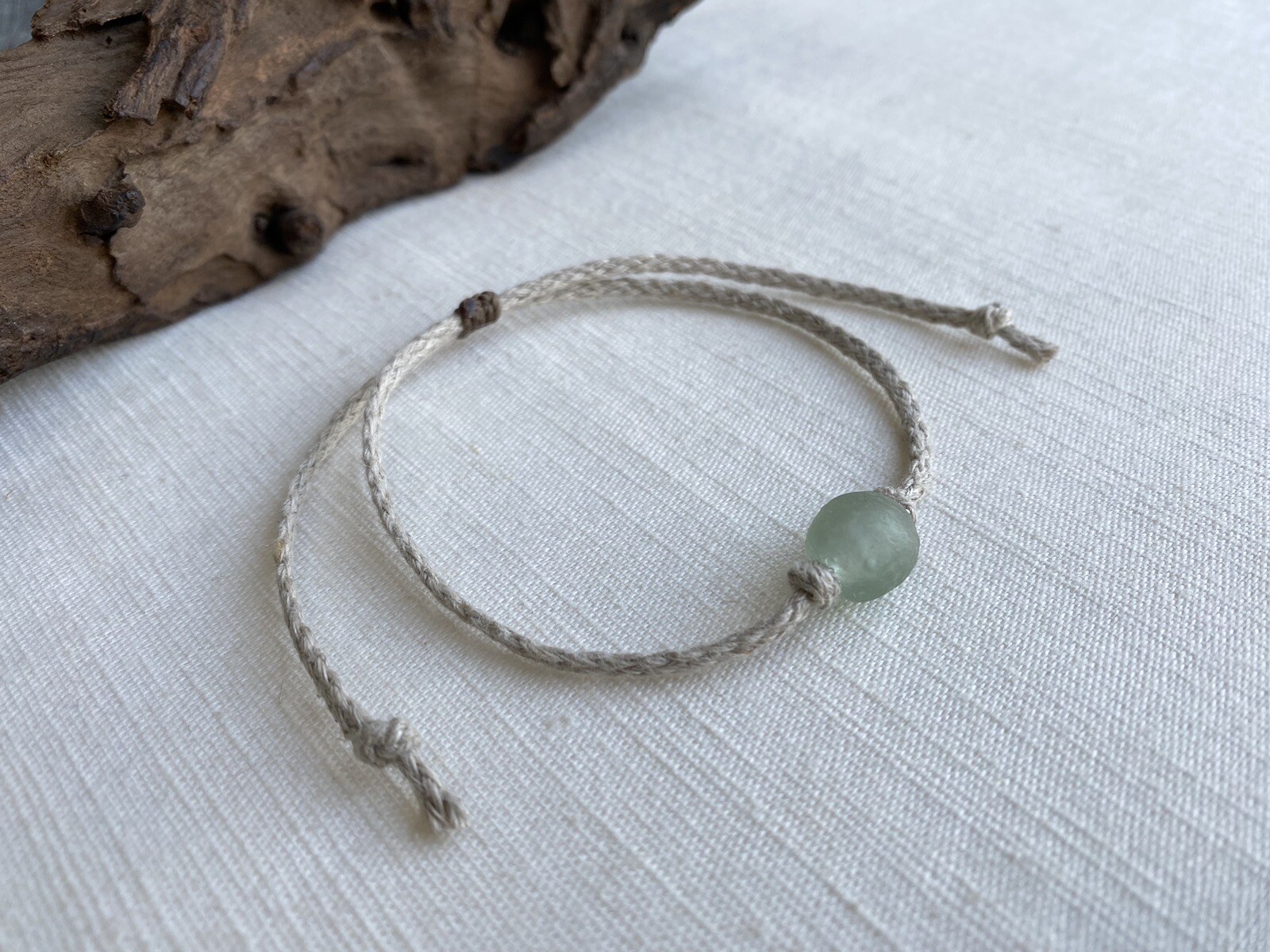 Organic Natural Hemp Anklet Sea Green Recycled Glass Bead Adjustable Sea Glass