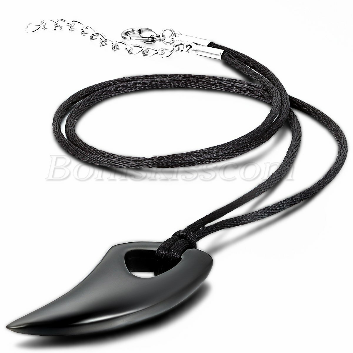 Men’s Black Stainless Steel Wolf Tooth Charm Pendant Necklace Cord Birthday Gift