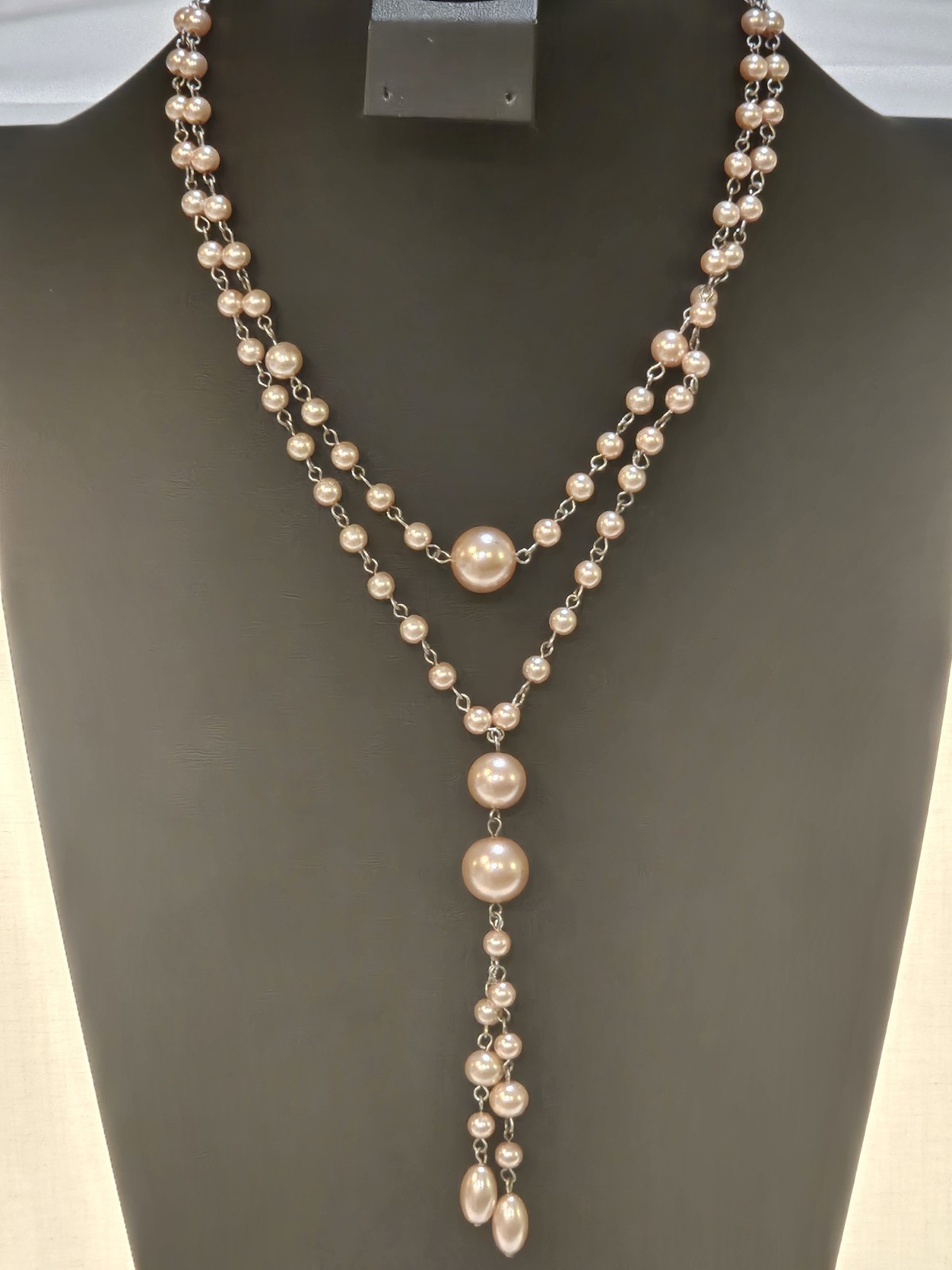 Y Shaped Necklace Pink Faux Pearls Tassle Silver Toned Links
