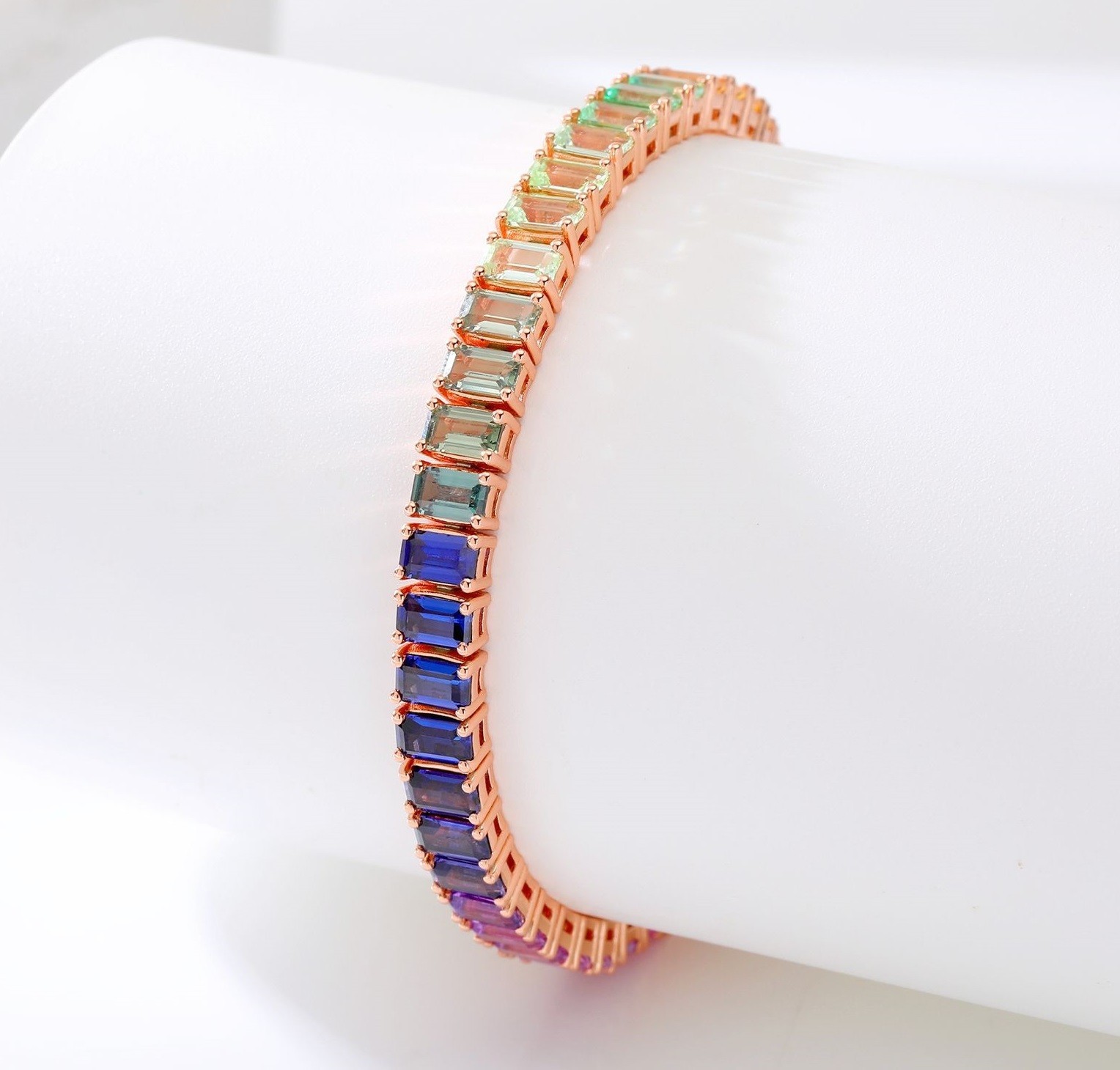 Rainbow Emerald Cut Tennis Bracelet Rose Gold Tone Multicolor Crystal Bracelet