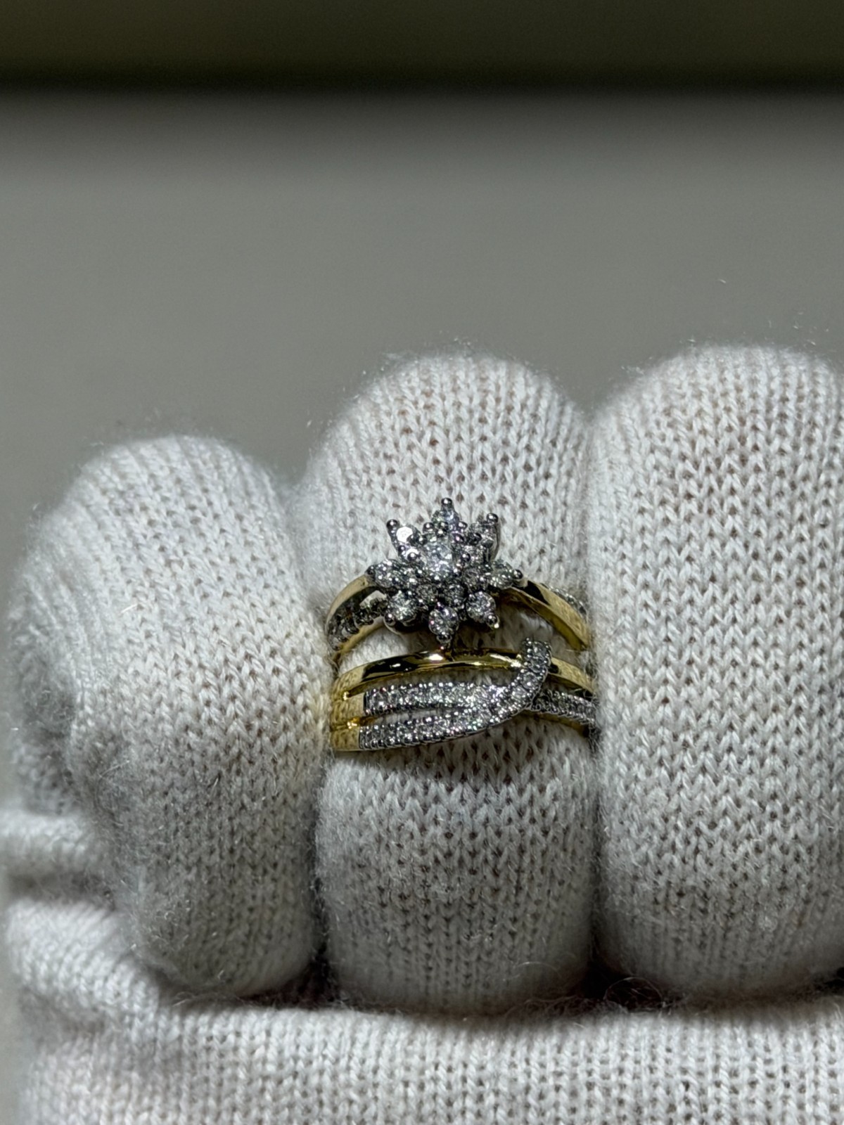 Gold Tone Pair of Two Rings With Multiple Stones