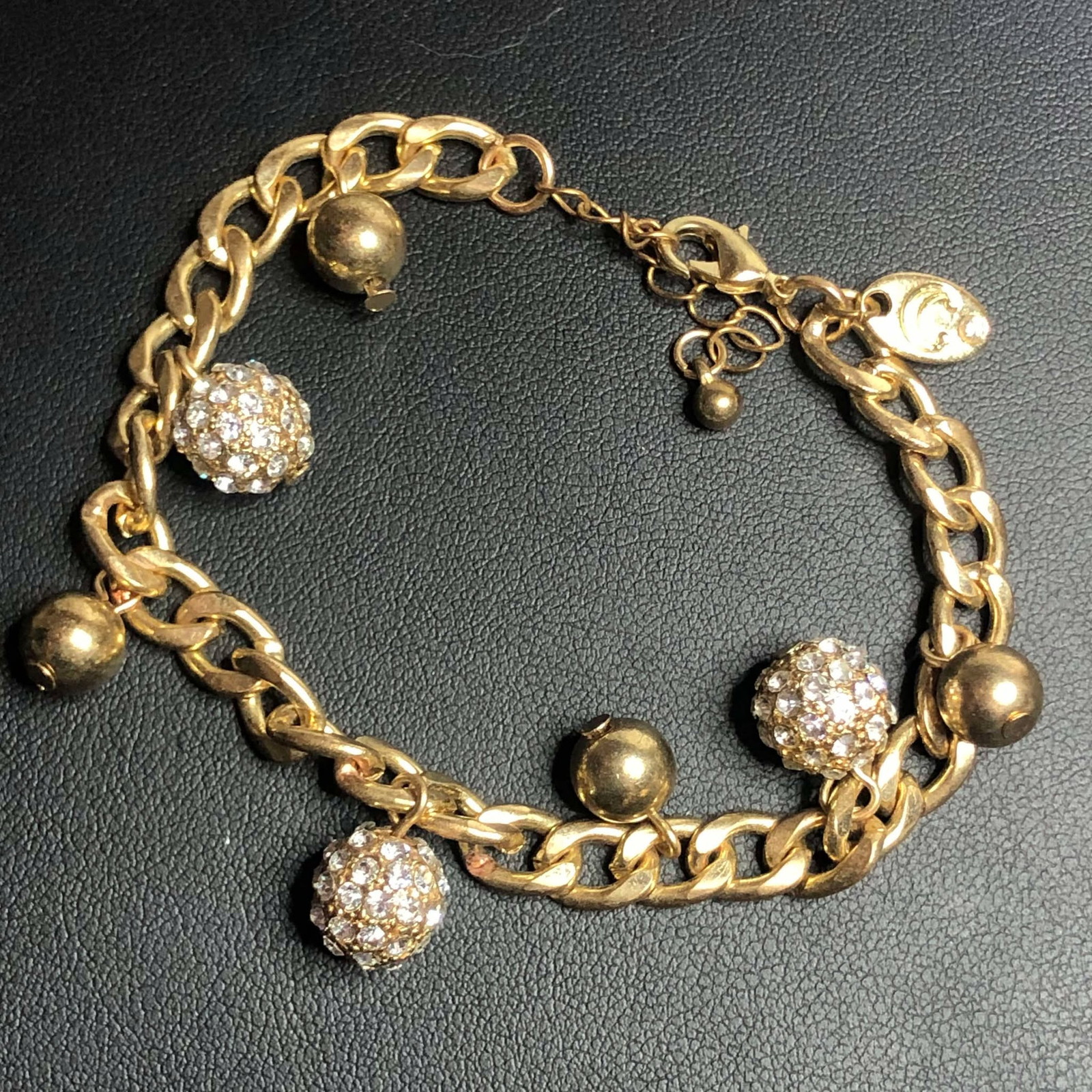 3668 Charming Charlie’s Goldtone CZ Ball charm bracelet 7-8.5″