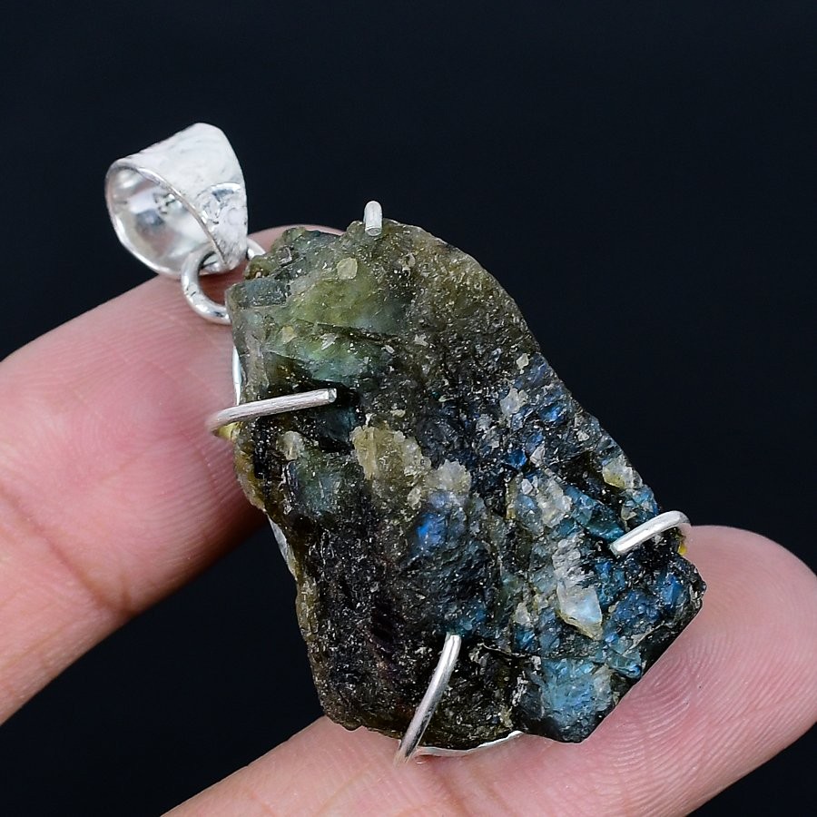 Labradorite Rough 925 Silver Plated Handmade Pendant of 1.89″