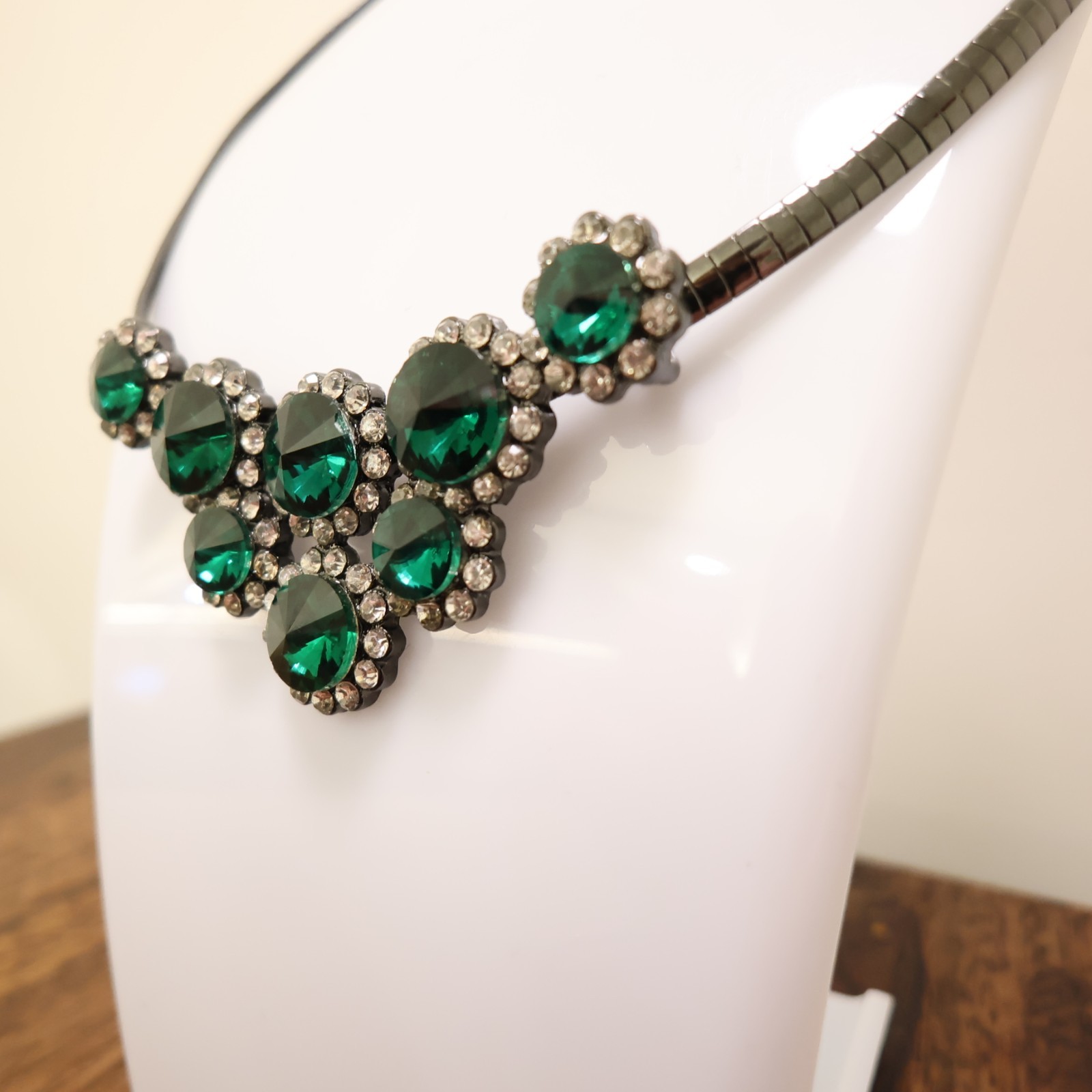 Green crystals necklace statement cluster pendant gunmetal tone collar