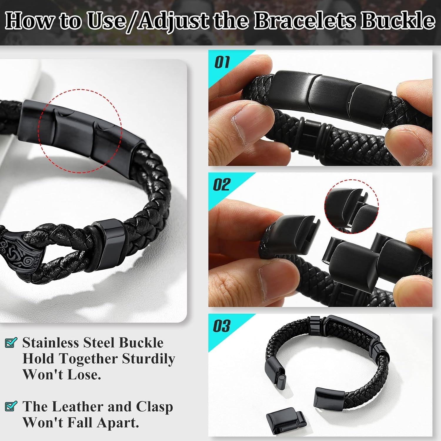 Genuine Leather Braided Viking Bracelets for Men Boys, Vintage Thor’s Hammer/…