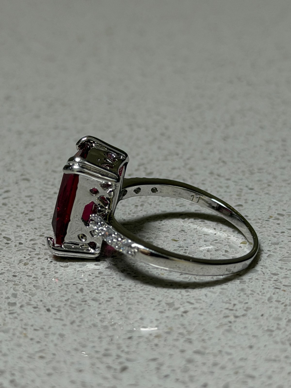 Emerald Shape Red Gemstone Ring With Side Stones Size 11