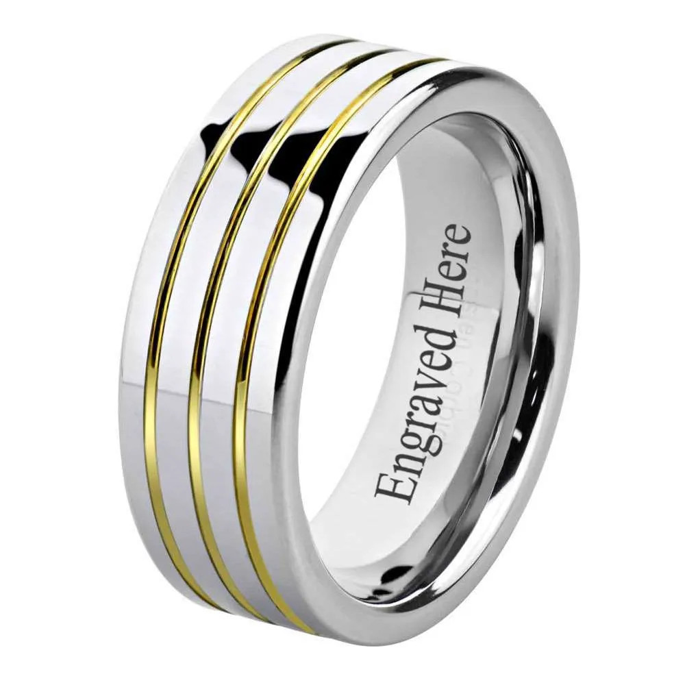 Gold Grooved Tungsten Carbide Unisex Wedding Band Ring