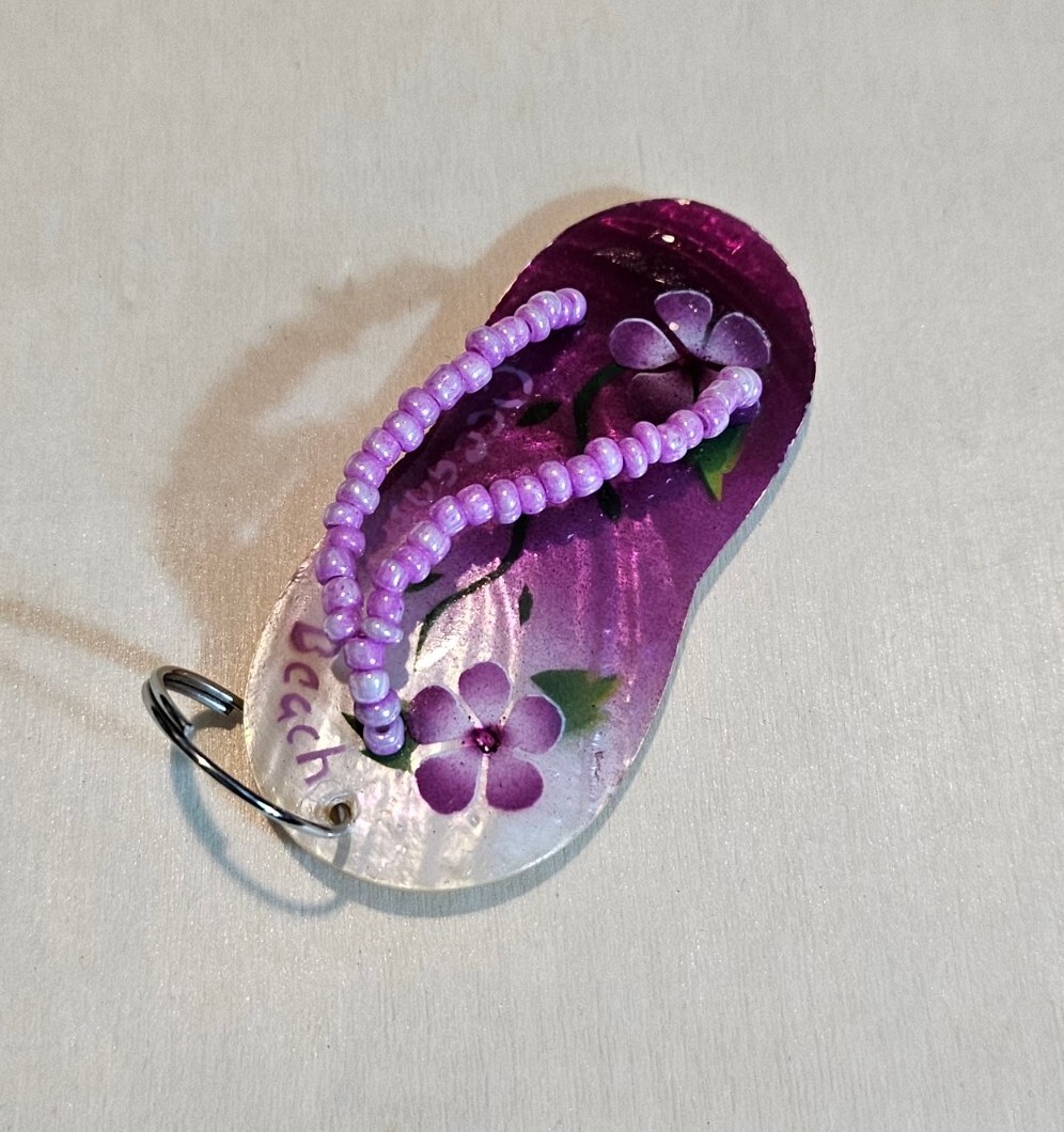 Flip Flop Sandals Purple Keychain Crystal Flowers EUC C142