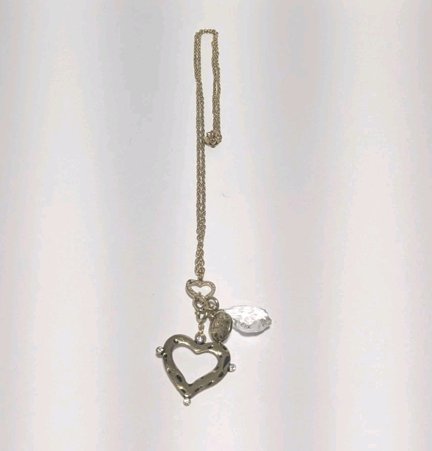 JM Marked Gold Tone Hammered & Embossed Charm Necklace With A Heart & Crystals.