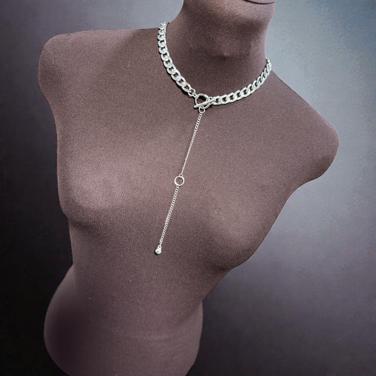 Silver Tone Link Choker Necklace – Y Drop Lariat Chain with Toggle Clasp