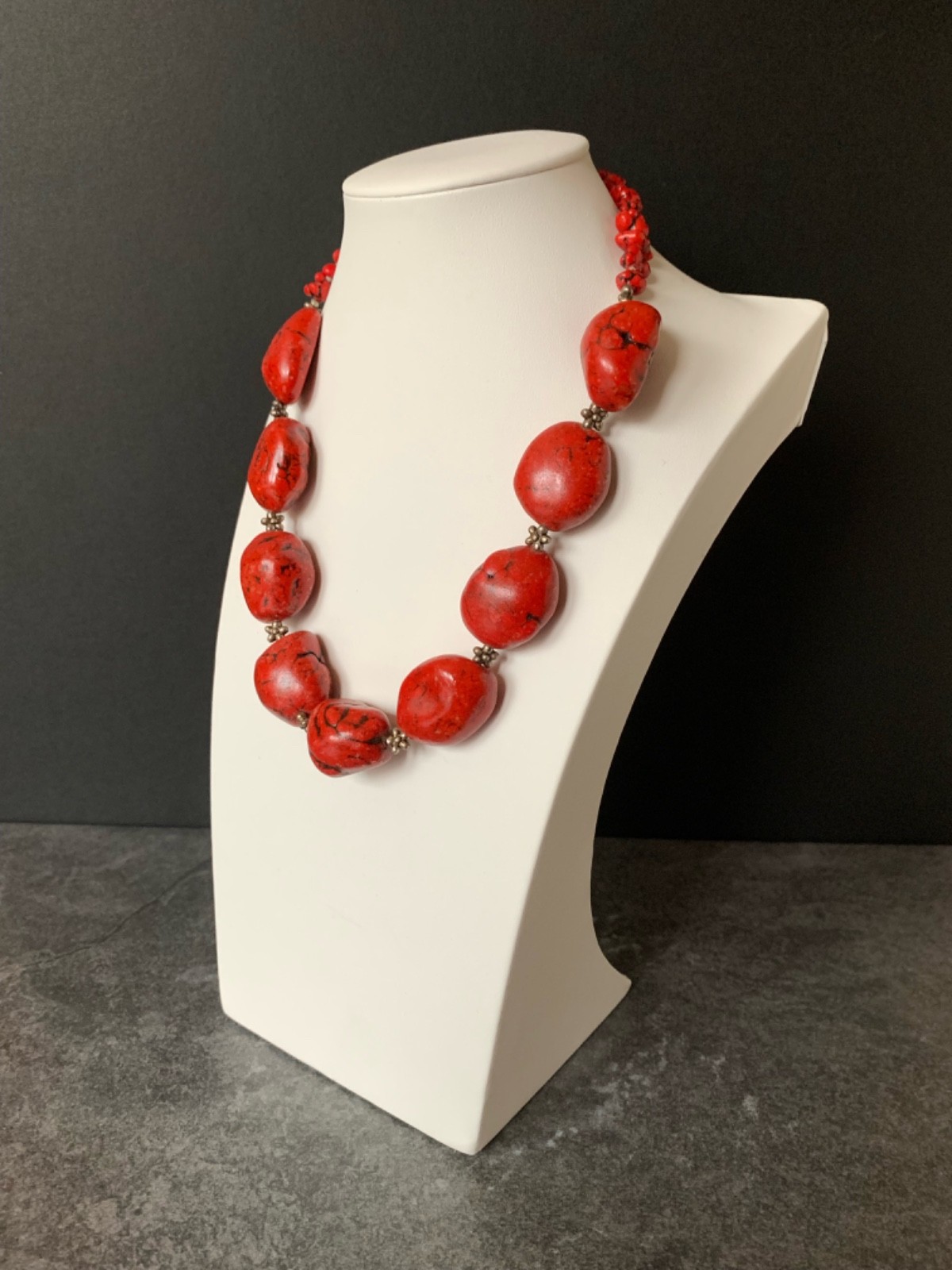 Red Howlite Beads, w/ Tibetan silver spacer beads 22x26mm, 19″ Necklace34