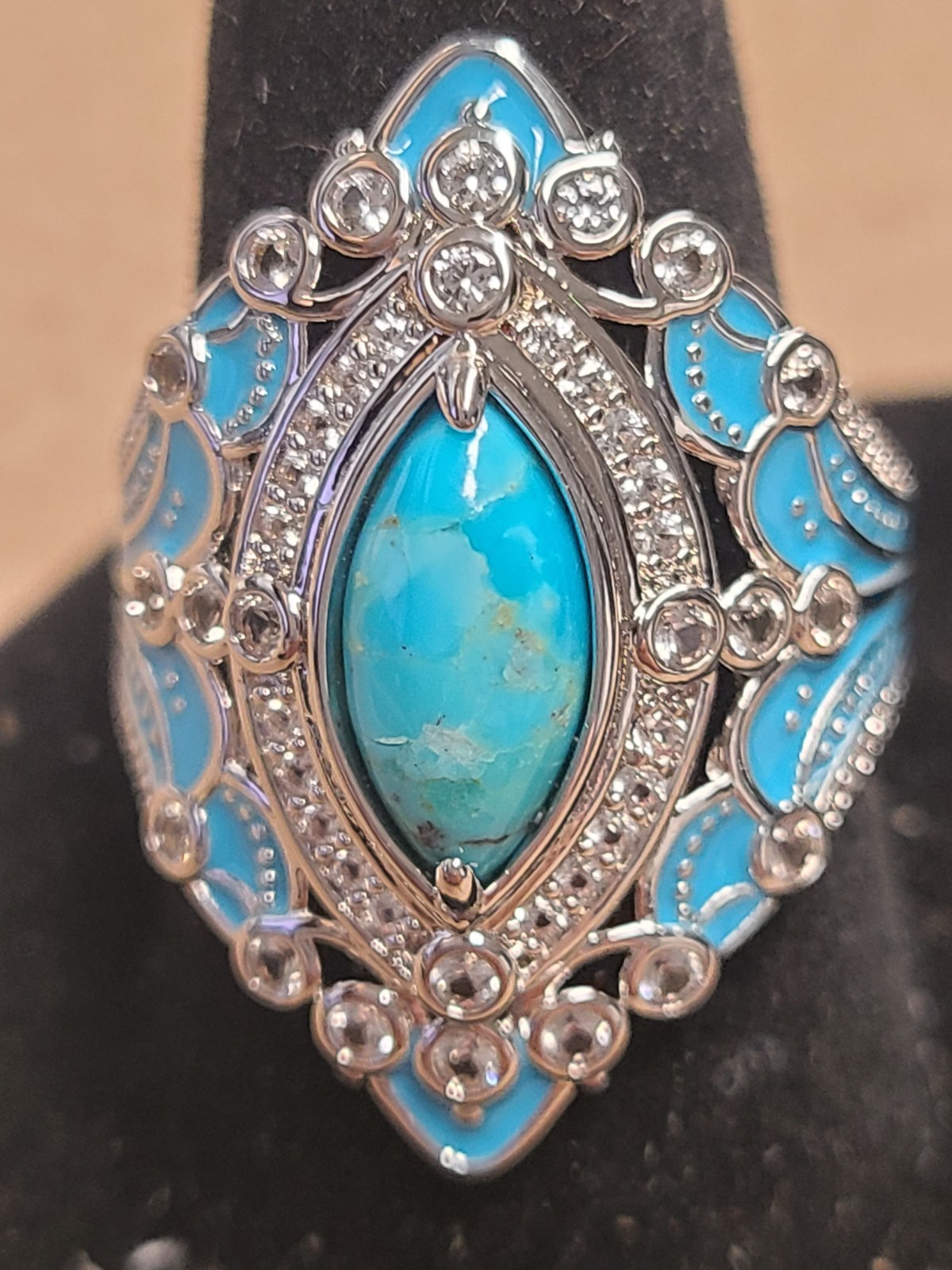 Blue Composite Turquoise With White Lab Created Sapphire Rhodium /Brass Ring sz8