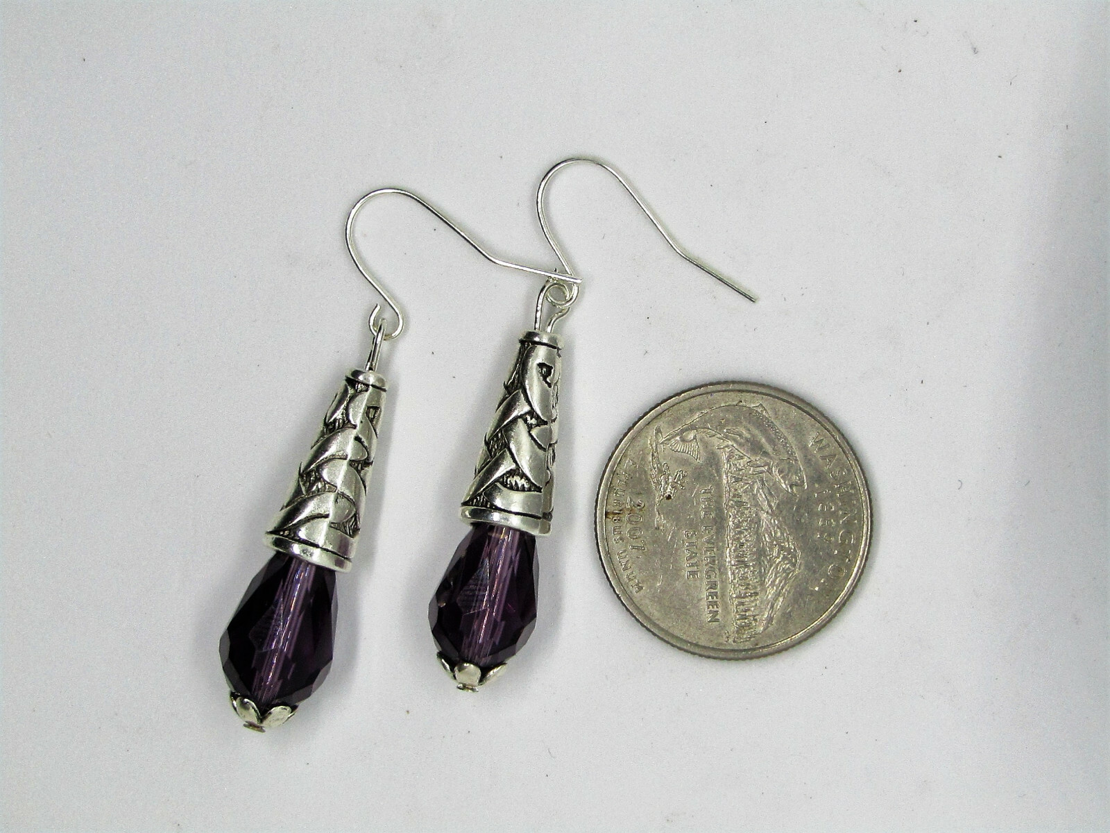 Purple Teardrop Crystal Decorative Cone Silver Dangle Earrings USA MADE