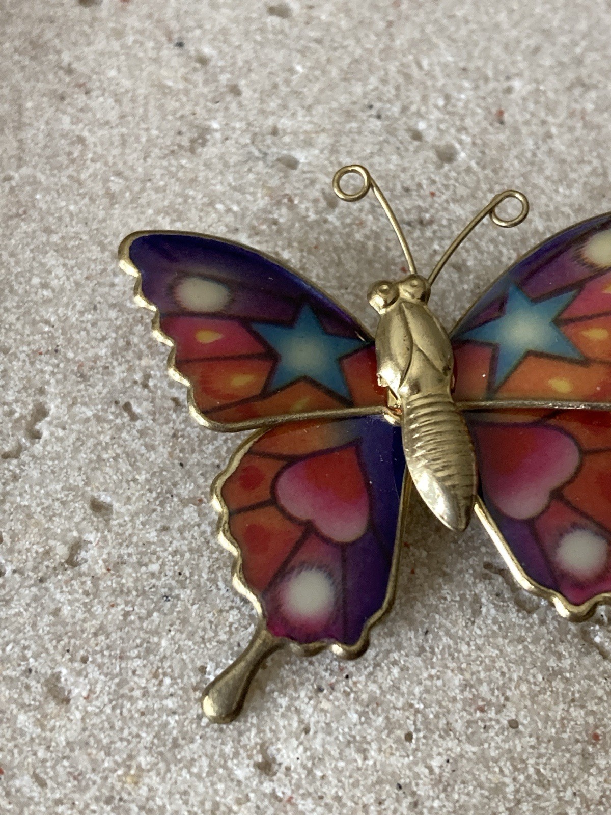 Colorful Butterfly Brooch Gold Tone Enamel Wings Star Heart Whimsical