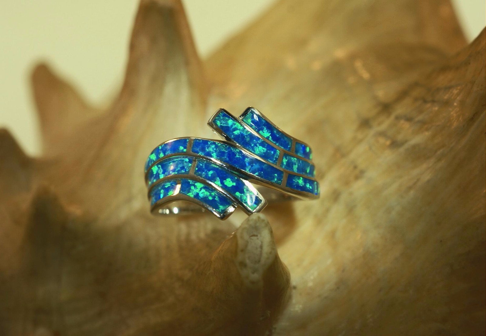 15MM HAWAIIAN RHODIUM ON 925 SILVER INLAID OPAL BREAKING OCEAN WAVE RING 5-10 #2