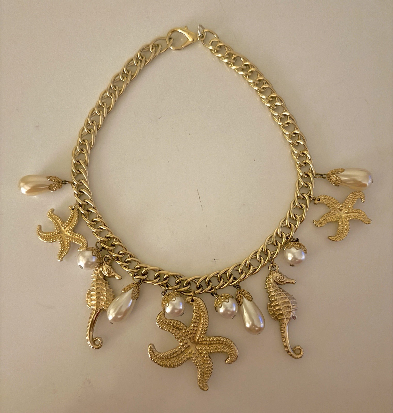 Lovely Beach Sea Life Necklace With Starfish, Sea Horses and Faux Pearls, 16”