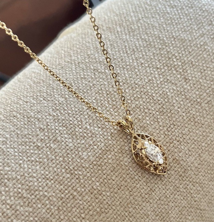 14k Gold Electroplate Signed CZ Crystal Marquise Pendant Necklace Demi Fine