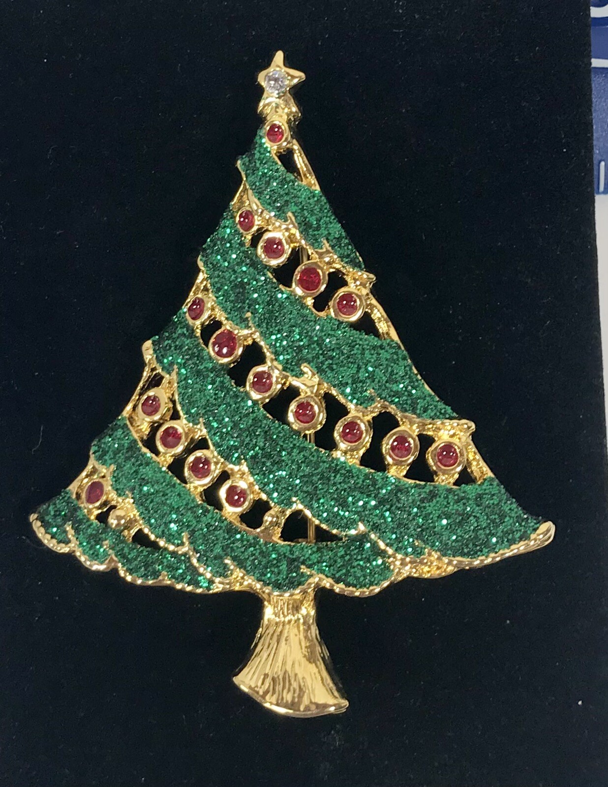 Christmas Tree Brooch Pin Gold Tone Green Sparkles Red Ornaments 2.25 Inches
