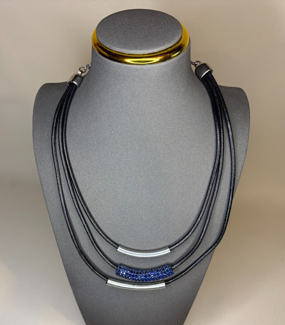 Chico’s Black Leather Multi Strand Necklace Cobalt Blue Rhinestone Slider 22″