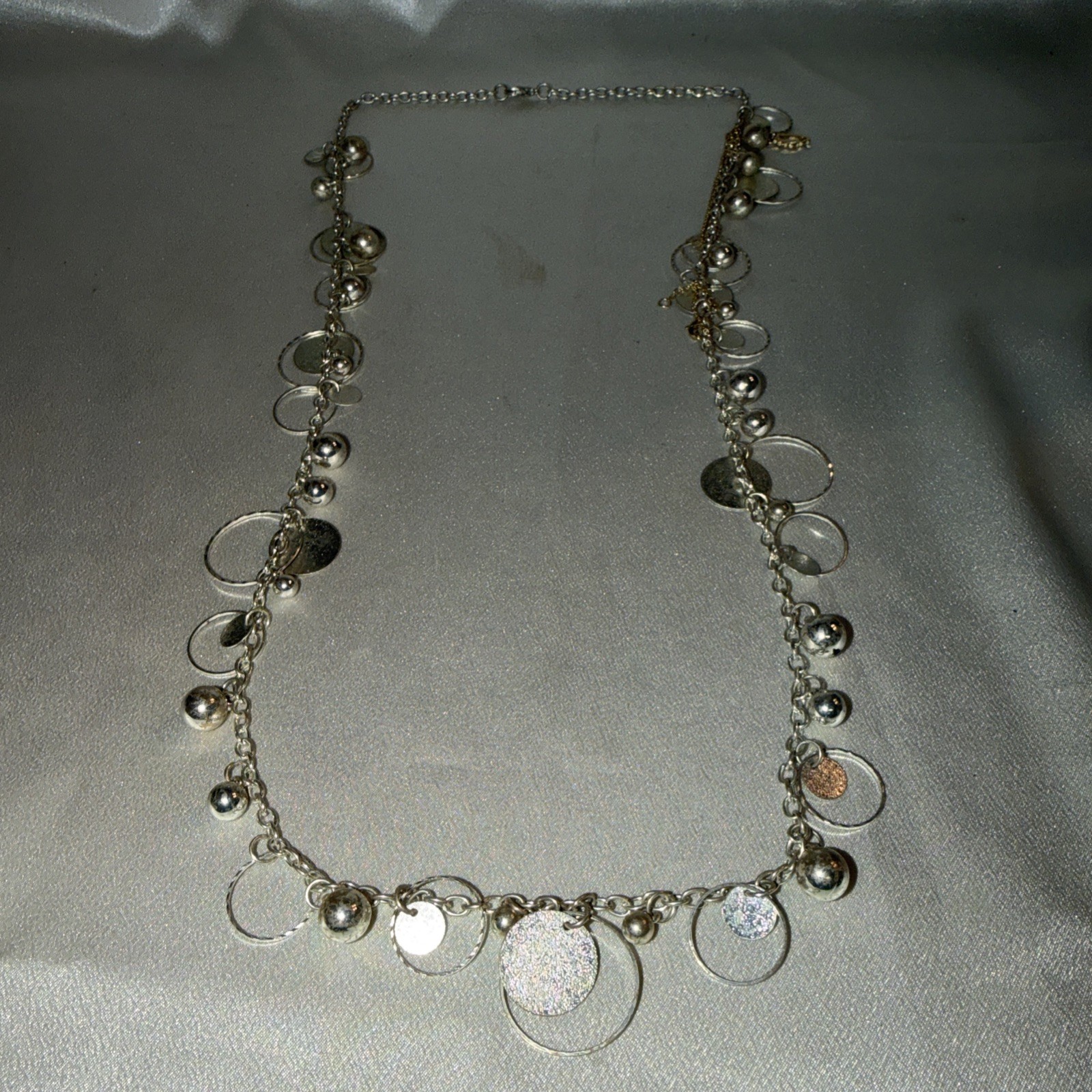 Lea Sophia Silver tone Shimmer Necklace With Silver Beads& Dangles 34 In Long